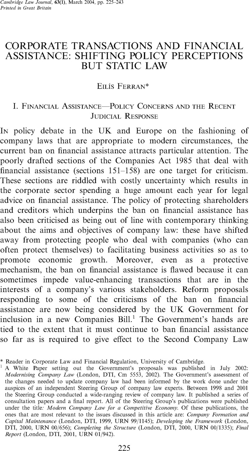 Corporate Transactions and Financial Assistance Shifting Policy