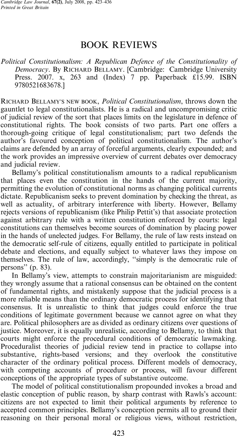 Political Constitutionalism: A Republican Defence of the Constitutionality of Democracy