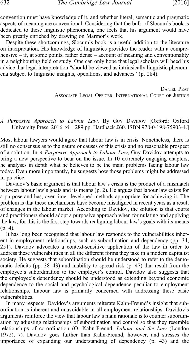 A Purposive Approach to Labour Law. By Guy Davidov [Oxford: Oxford ...