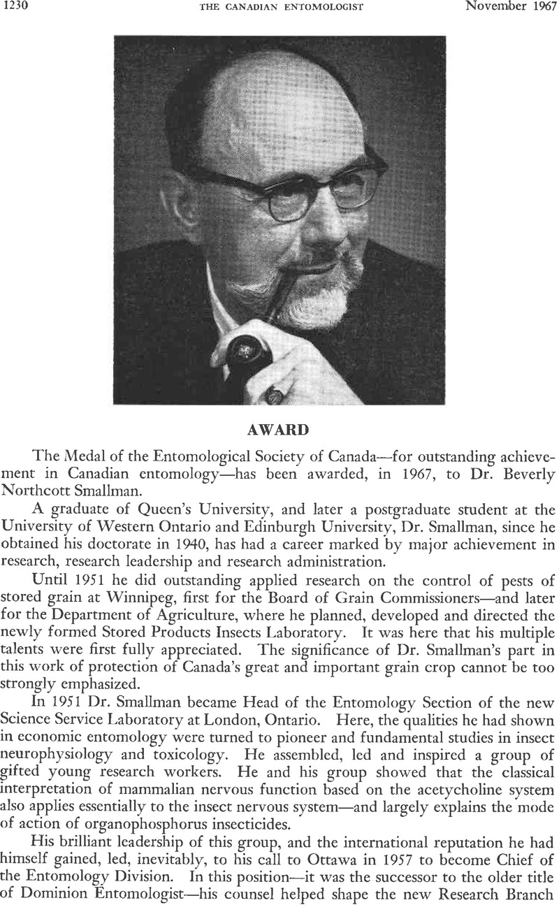 AWARD: The Medal of the Entomological Society of Canada | The Canadian ...