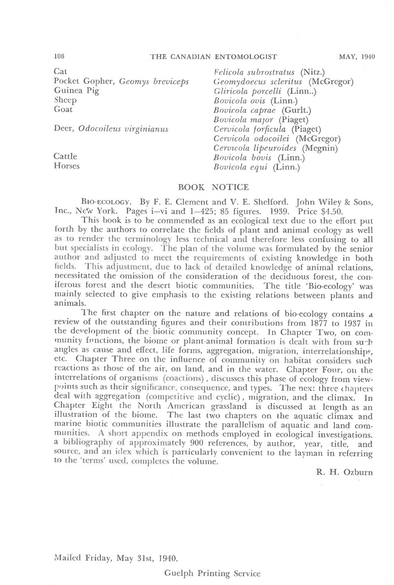 Bio ecology. By F. E. Clement and V. E. Shelford. John Wiley
