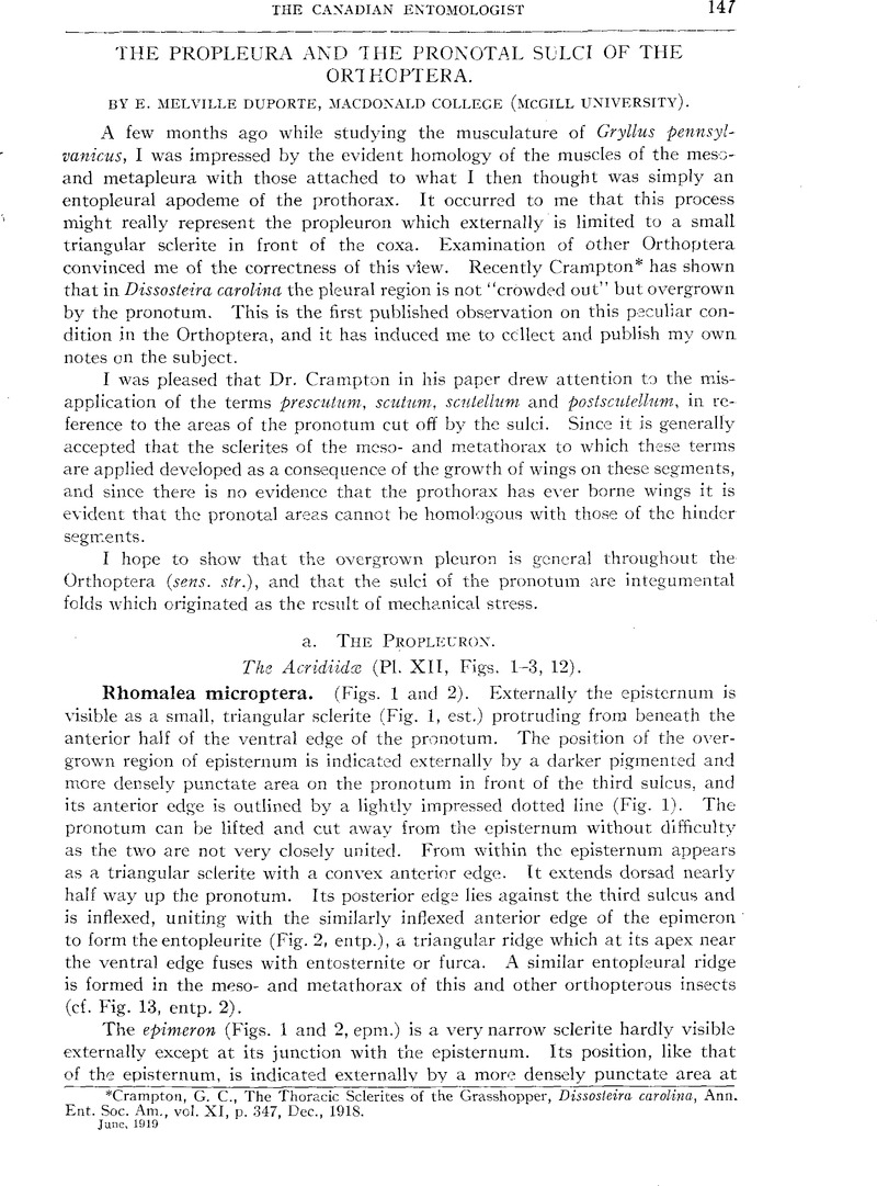 THE PROPLEURA AND THE PRONOTAL SULCI OF THE ORTHOPTERA | The Canadian ...