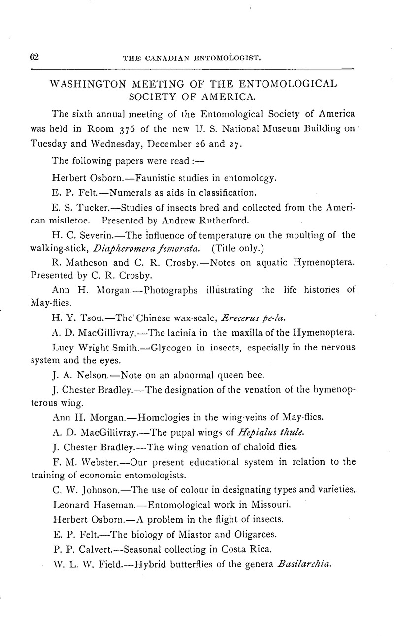 WASHINGTON MEETING OF THE ENTOMOLOGICAL SOCIETY OF AMERICA. The