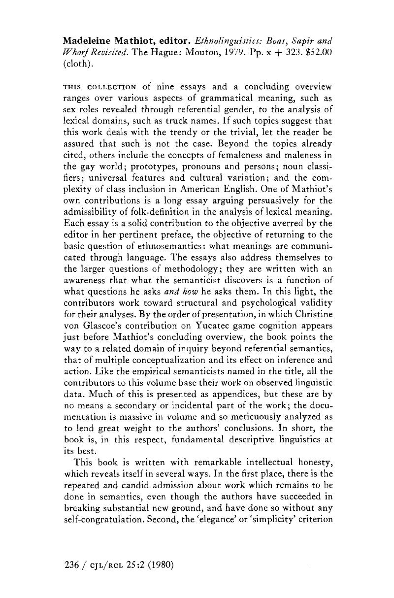 Madeleine Mathioteditor . Ethnolinguistics: Boas, Sapir and Whorf ...