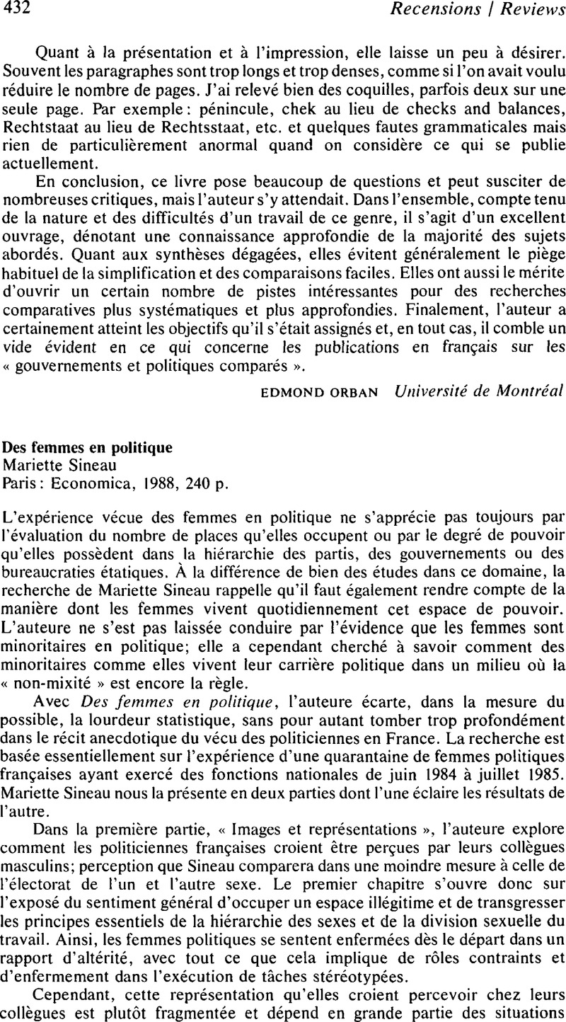 Des femmes en politiqueMariette Sineau Paris: Economica, 1988, 240 p ...