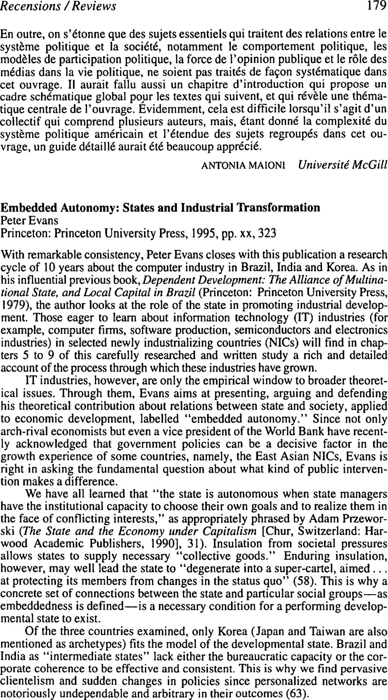 Embedded Autonomy Example Embedded Autonomy: States and Industrial TransformationPeter Evans ...