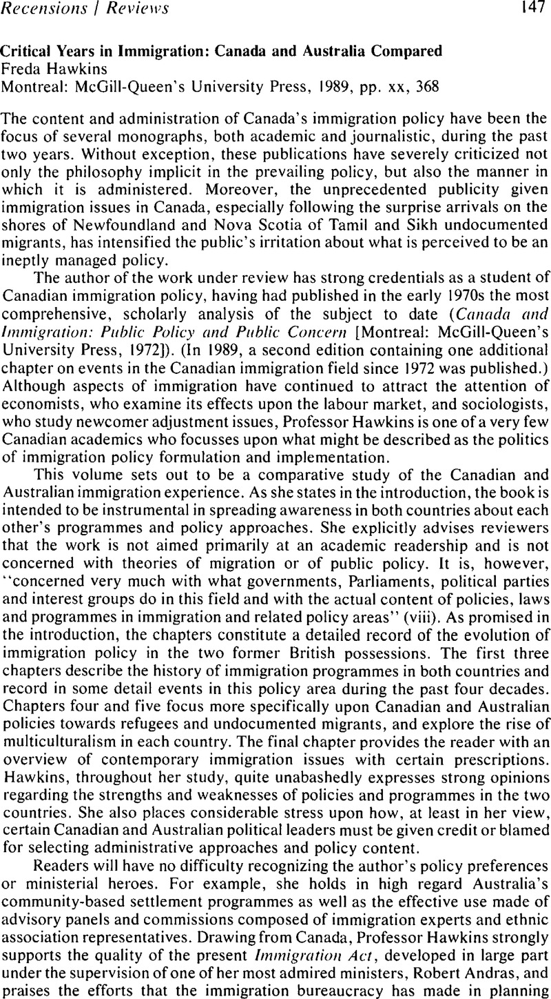 Critical Years In Immigration Canada And Australia Comparedfreda Hawkins Montreal Mcgill Queen