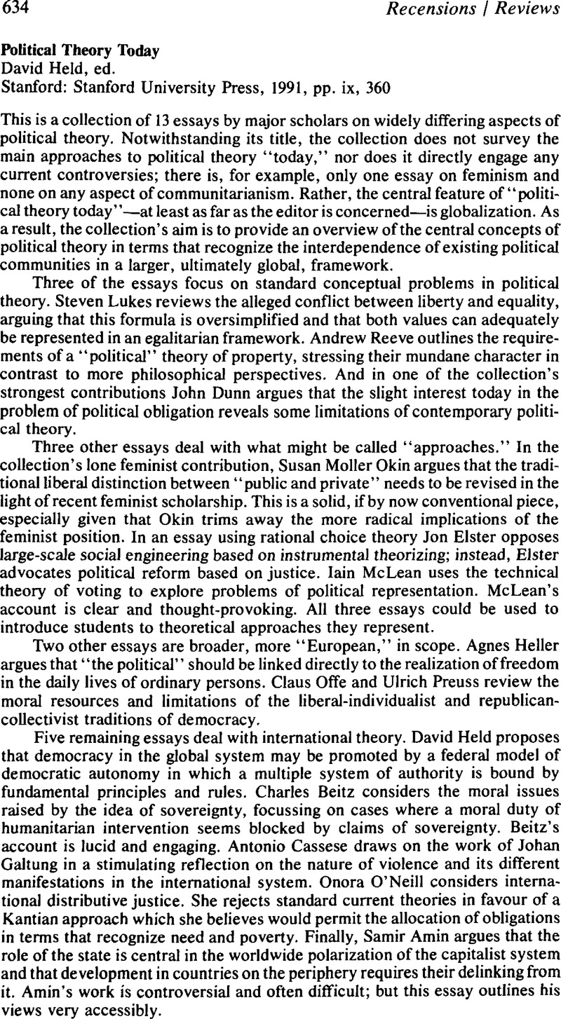 Political Theory TodayDavid Held, ed. Stanford: Stanford University ...