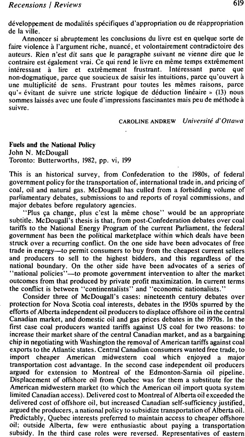 Fuels and the National PolicyJohn. N. McDougall Toronto: Butterworths ...