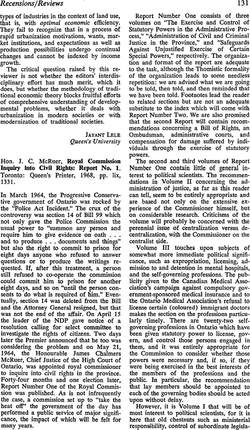Hon. J. C. McRuer, Royal Commission Inquiry into Civil Rights Report