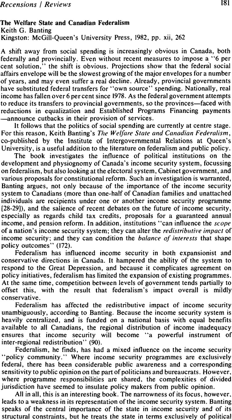 The Welfare State And Canadian Federalismkeith G Banting Kingston Mcgill Queens University