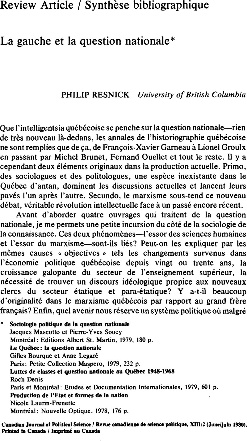 La Gauche Et La Question Nationale* | Canadian Journal Of Political ...