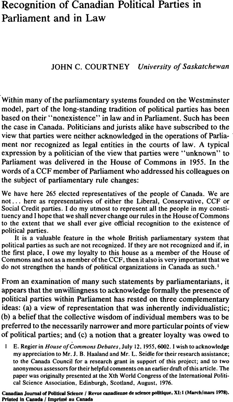 Recognition Of Canadian Political Parties In Parliament And In Law ...