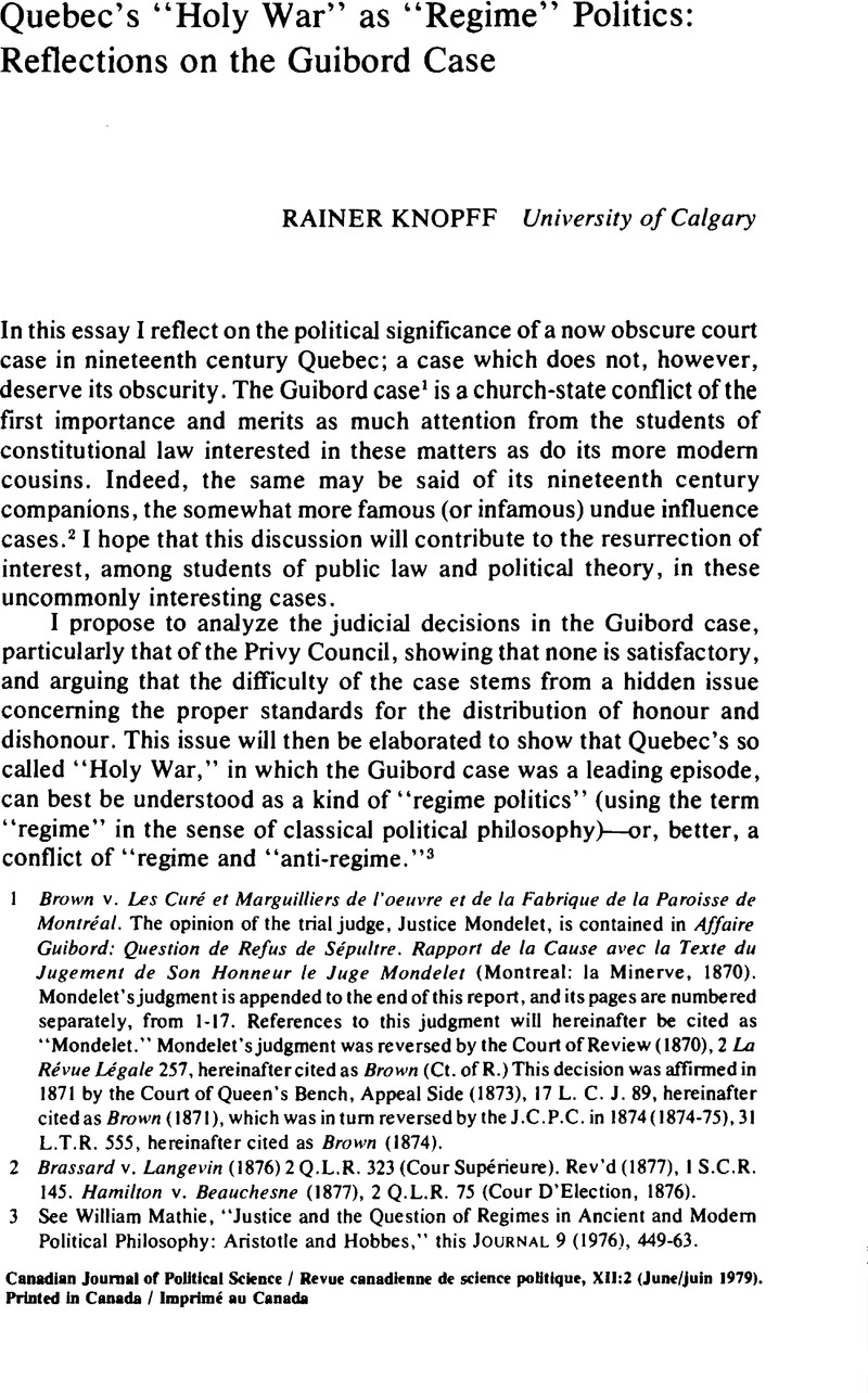 Quebec's “Holy War” as “Regime” Politics Reflections on the Guibord