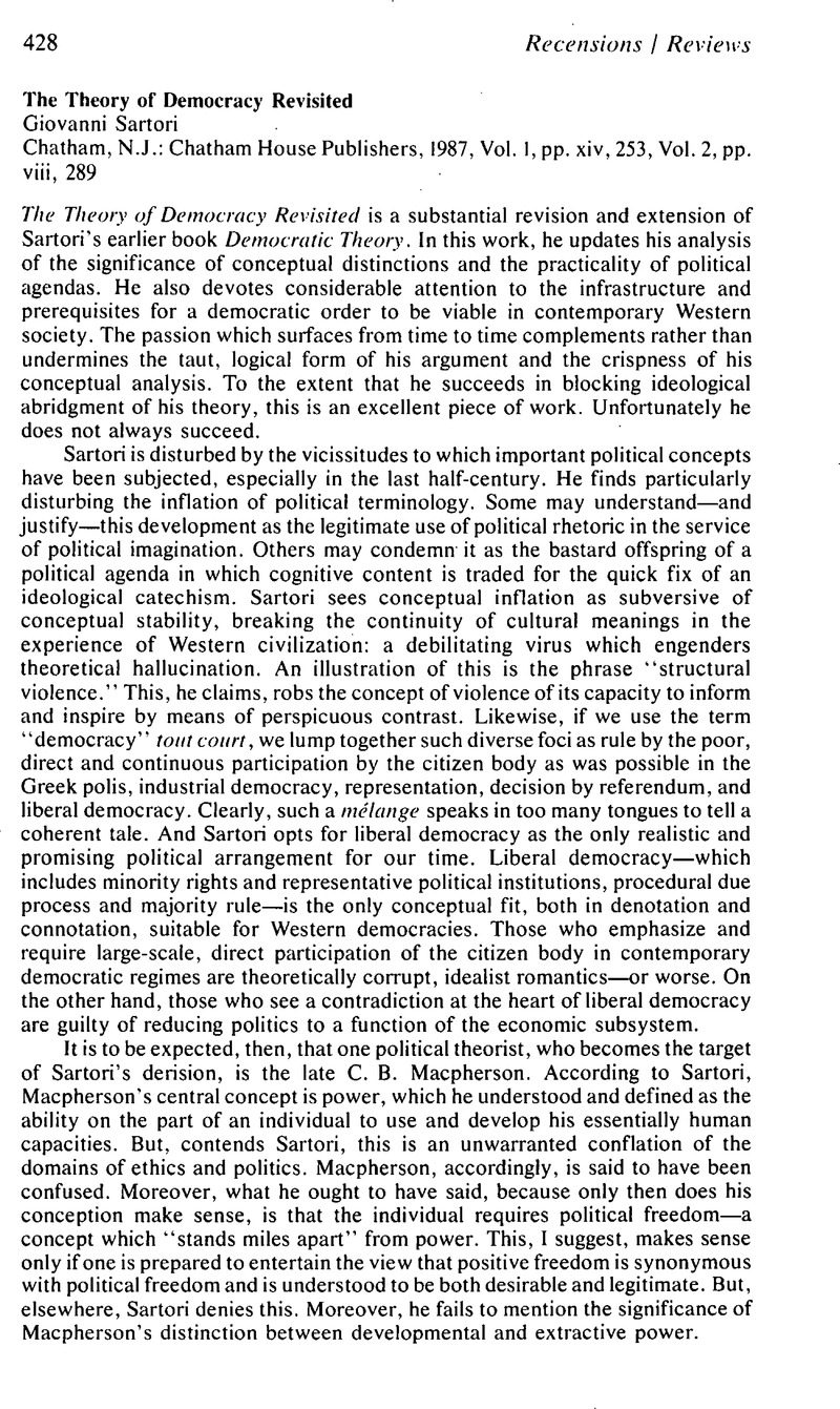 The Theory of Democracy RevisitedGiovanni Sartori Chatham, N.J ...