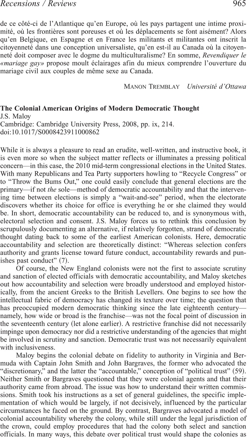 The Colonial American Origins of Modern Democratic Thought