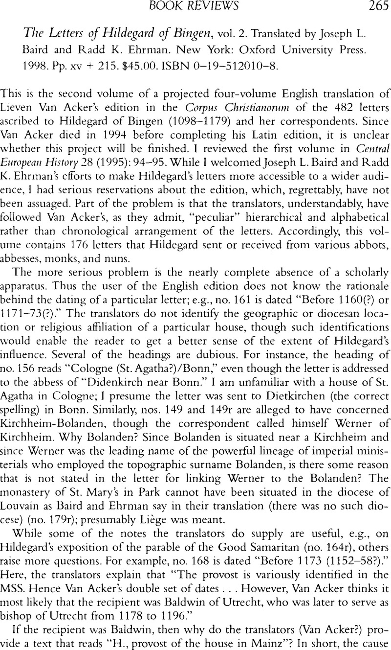 The Letters of Hildegard of Bingen, vol. 2. Translated by Joseph L ...