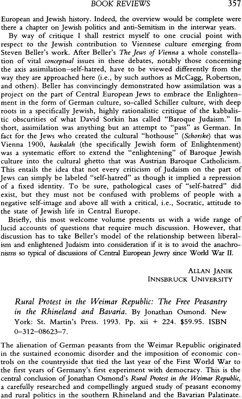 Rural Protest in the Weimar Republic: The Free Peasantry in the Rhineland and Bavaria