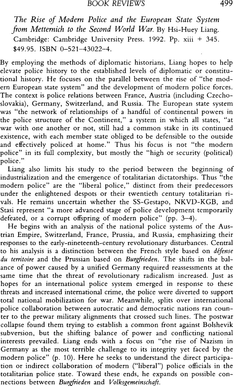 The Rise of Modern Police and the European State System from Metternich to the Second World War