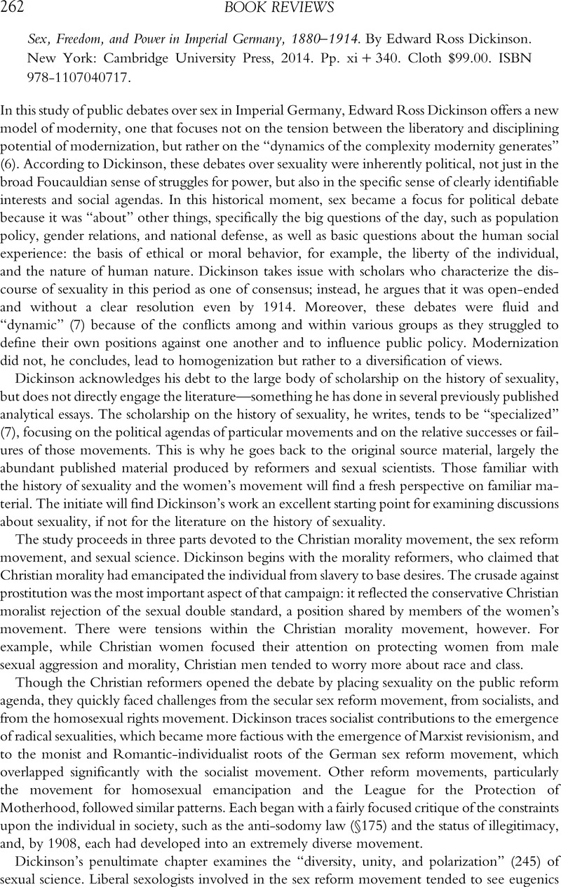 Sex Freedom And Power In Imperial Germany 18801914 By Edward Ross Dickinson New York 1962