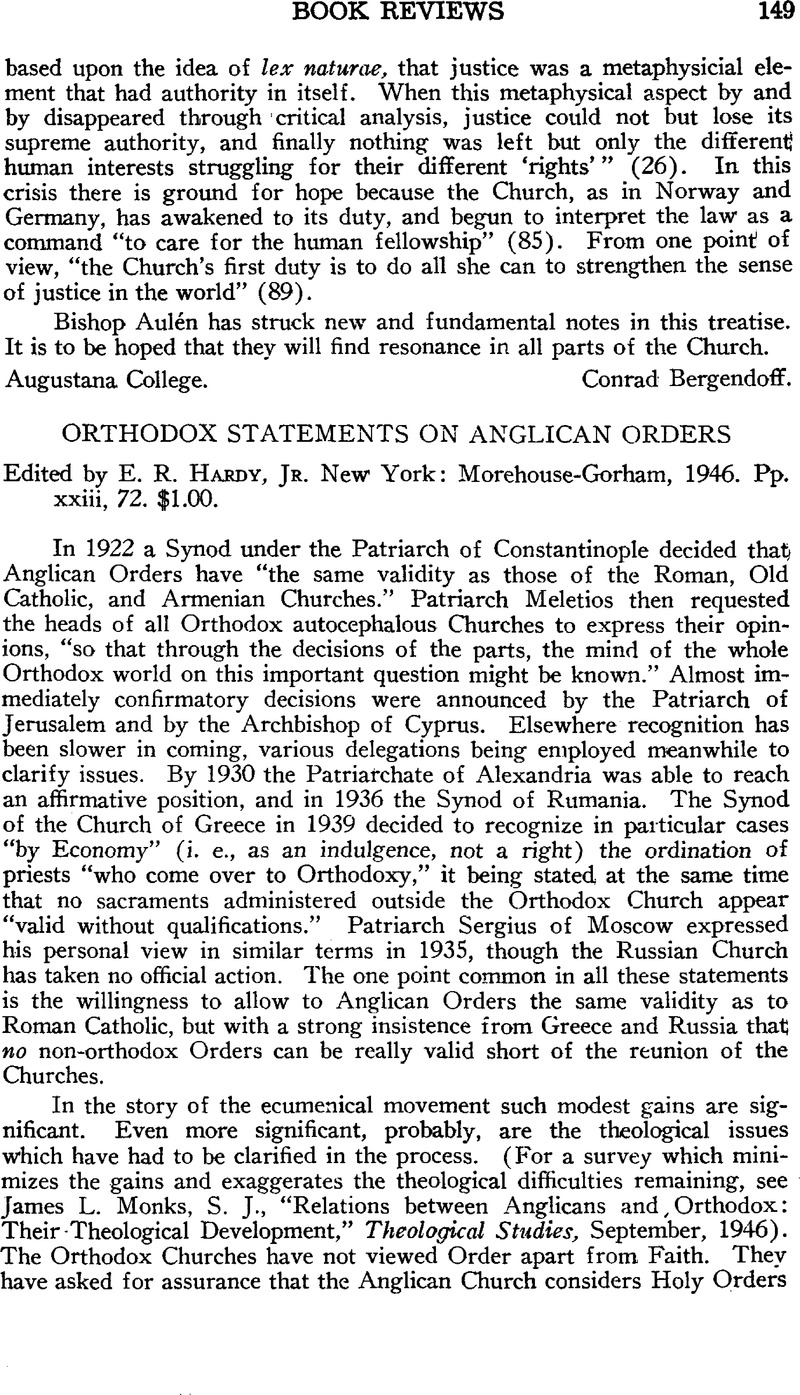 ORTHODOX STATEMENTS ON ANGLICAN ORDERS Edited by E. R. HardyJr. New ...