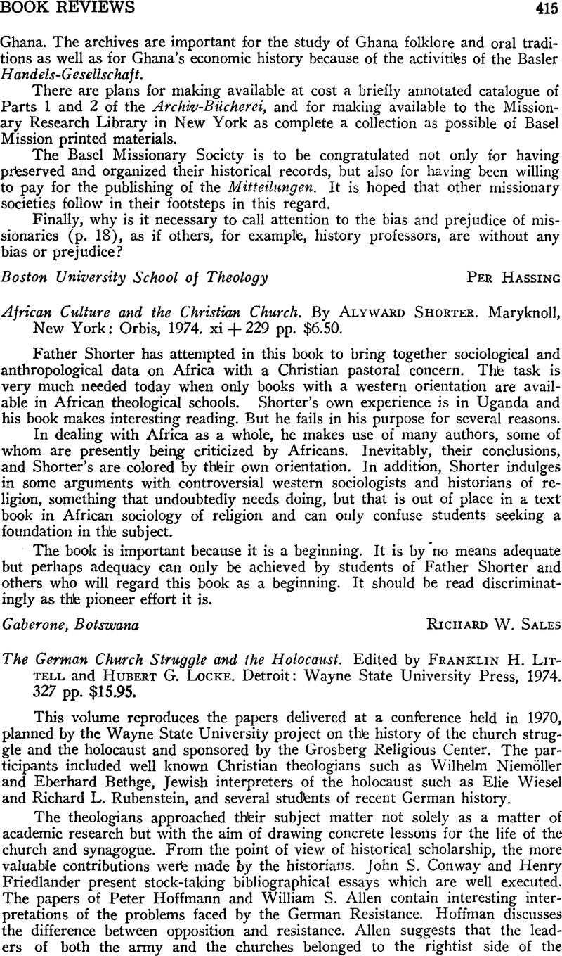 African Culture and the Christian Church. By Alyward Shorter. Maryknoll ...