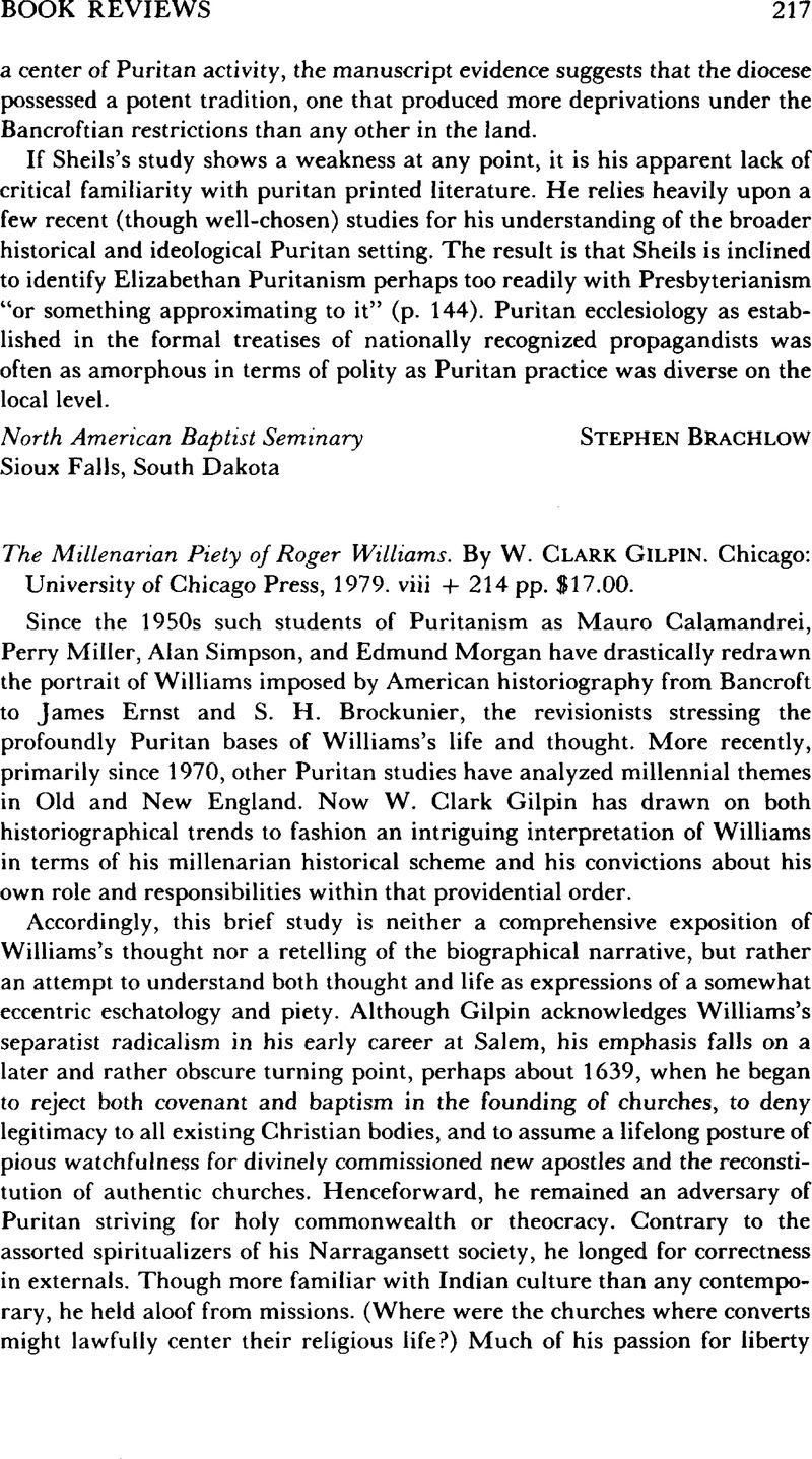 The Millenarian Piety of Roger Williams. By W. Clark Gilpin. Chicago ...