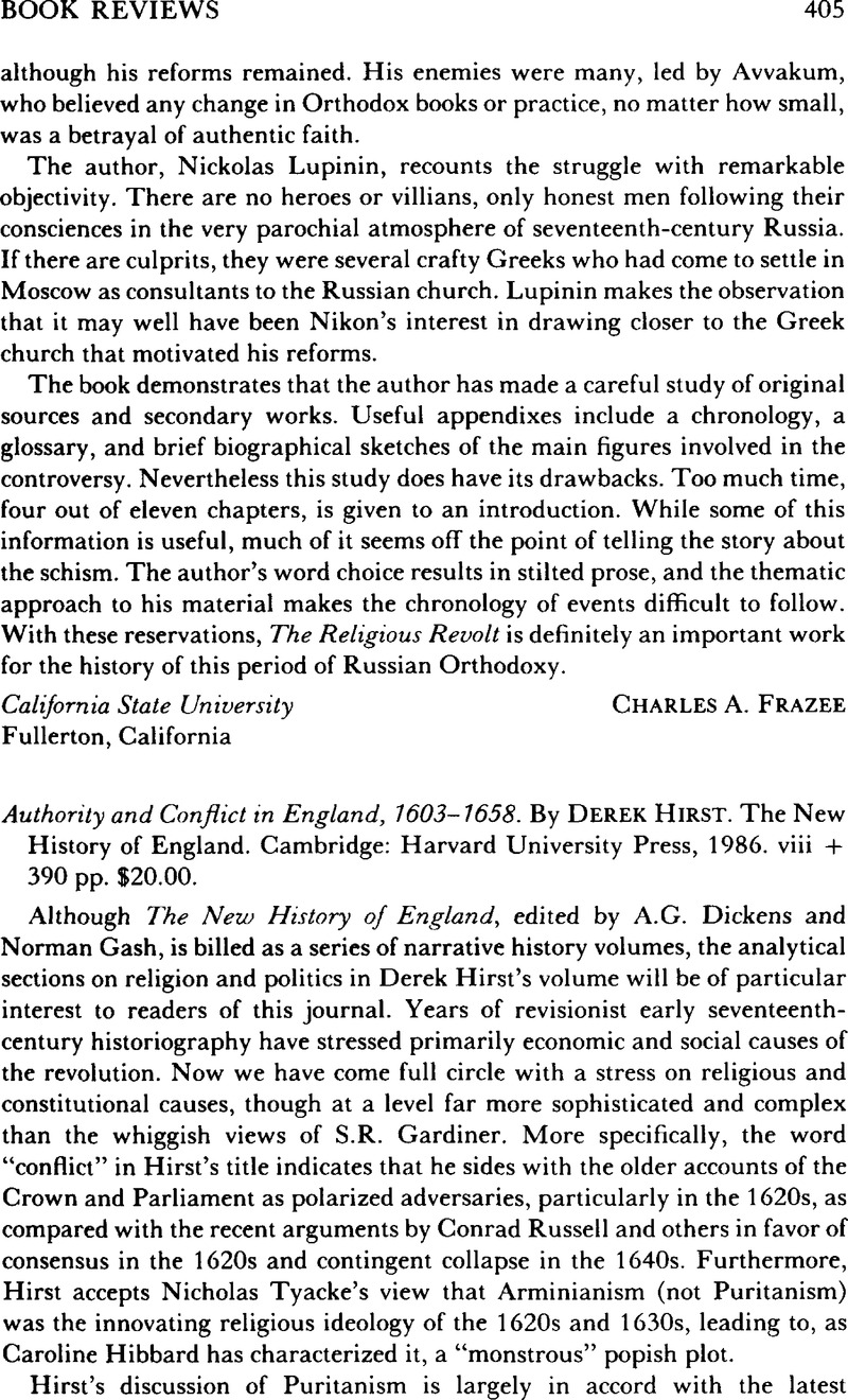 Authority and Conflict in England, 1603–1658. By Derek Hirst. The New ...