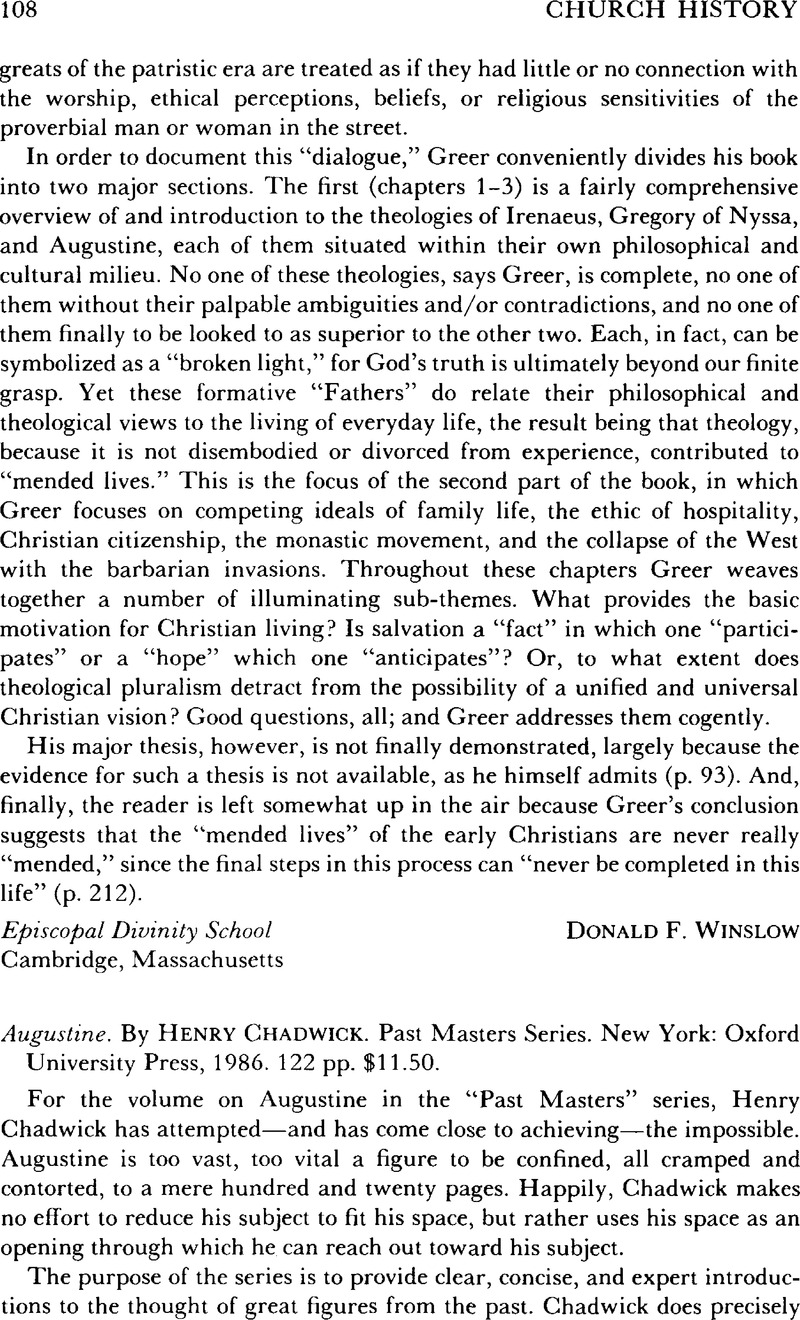 Augustine. By Henry Chadwick. Past Masters Series. New York: Oxford ...