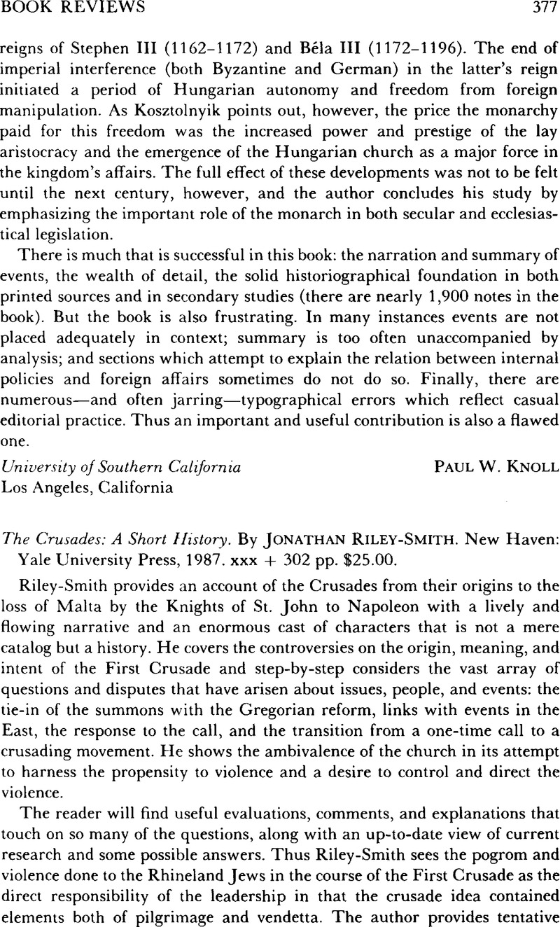 Jonathan Riley Smith The Crusades: A Short history. By Jonathan Riley-Smith. New Haven: Yale ...