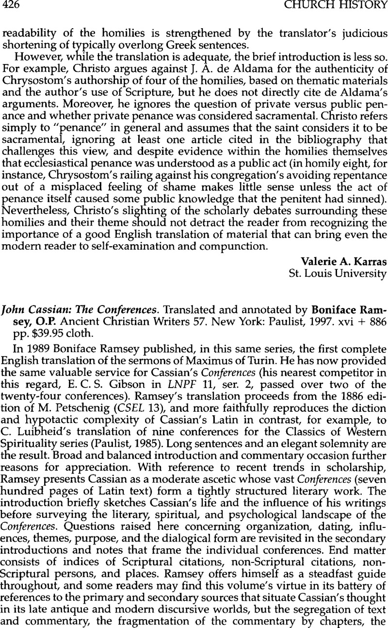 John Cassian The Conferences. Translated and annotated by Boniface