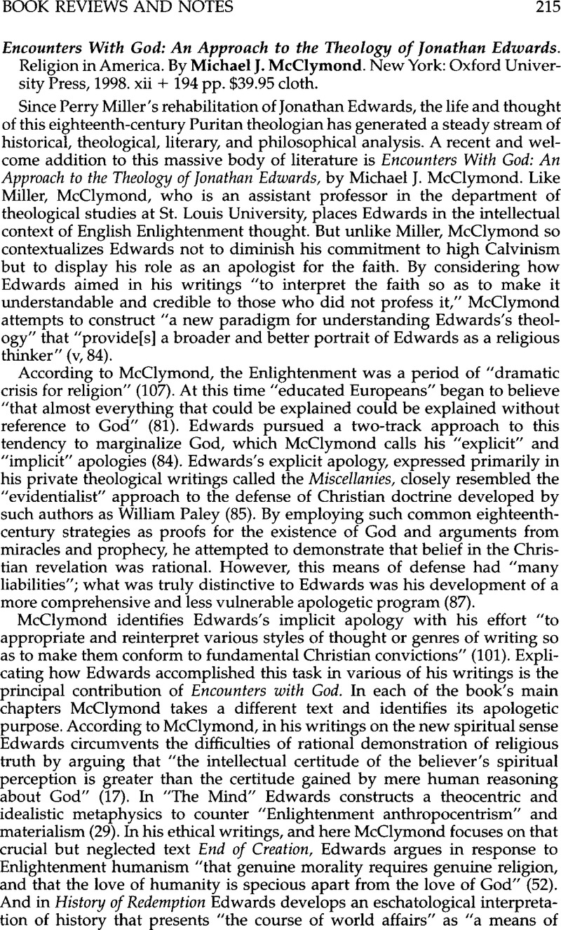 Encounters with God: An Approach to the Theology of Jonathan Edwards (Religion in America)