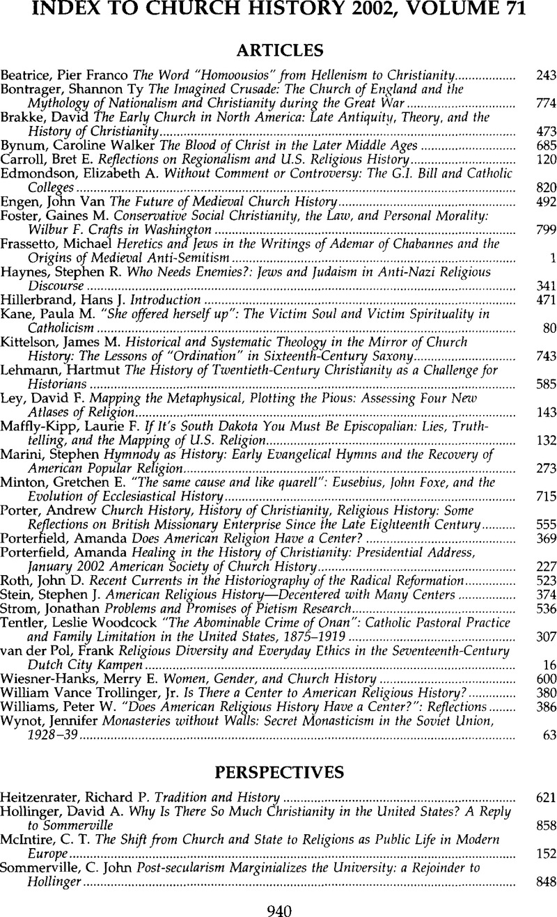 Index To Church History 2002, Volume 71 | Church History | Cambridge Core