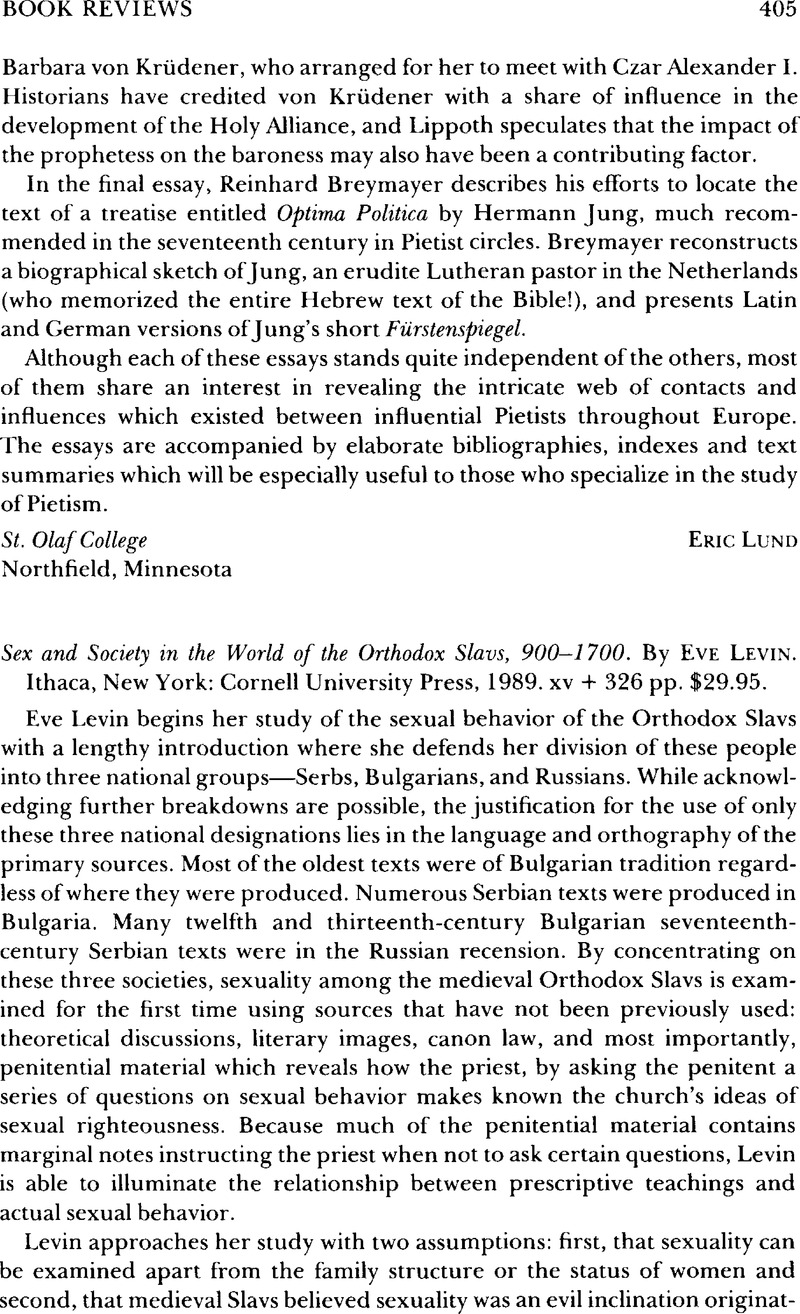 Sex And Society In The World Of The Orthodox Slavs 9001700 By Eve Levin Ithaca New York 