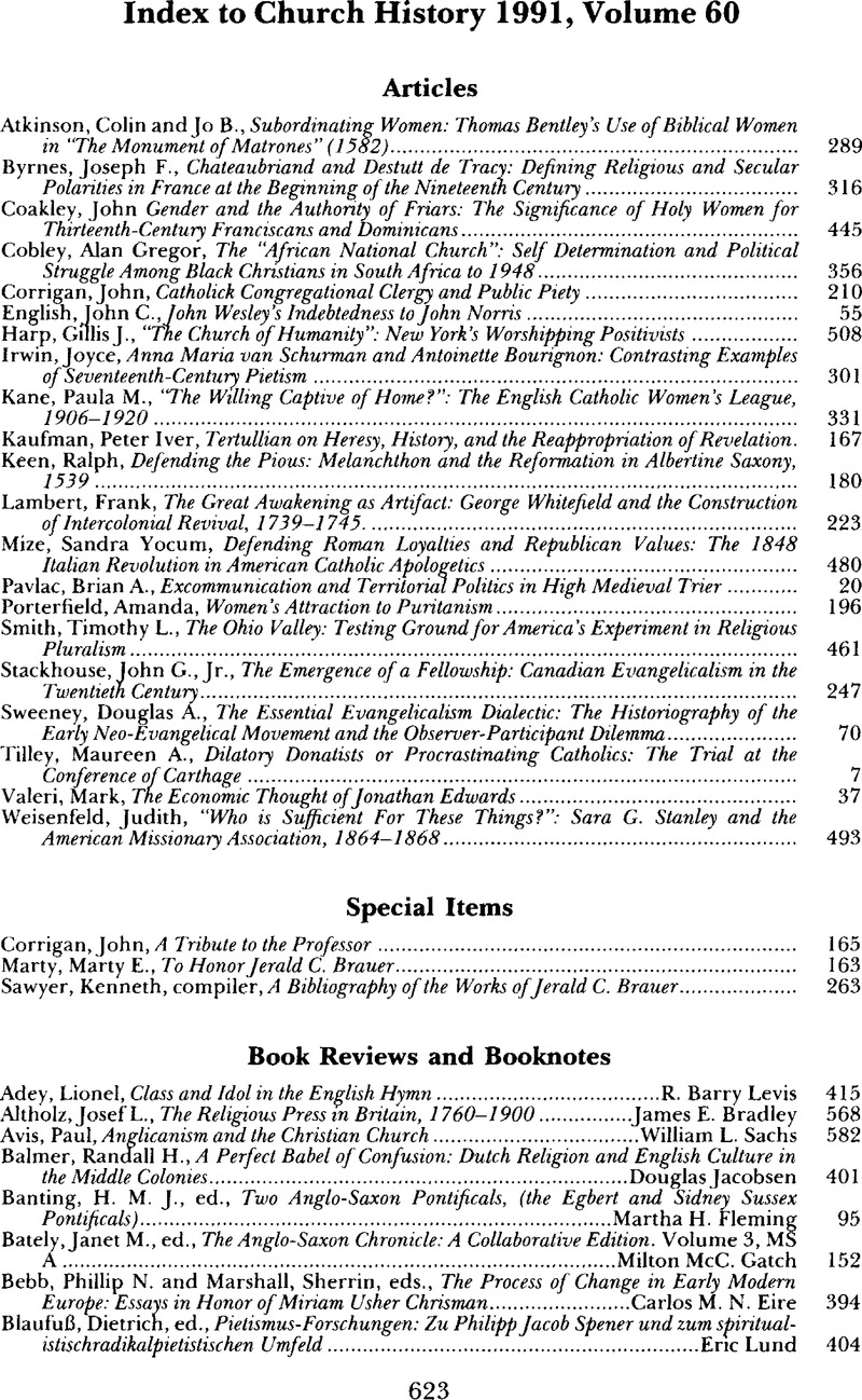 Index To Church History 1991, Volume 60 | Church History | Cambridge Core