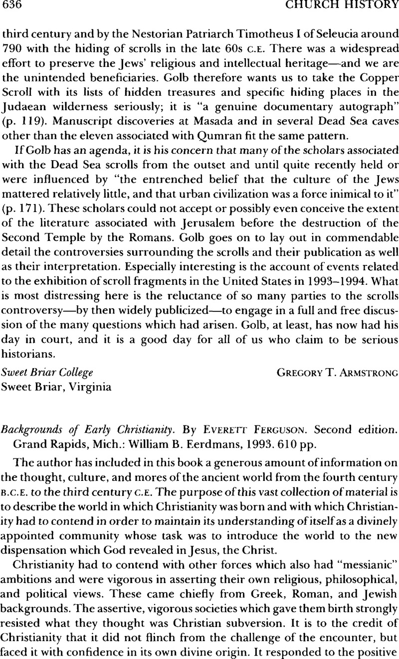 Backgrounds of Early Christianity. By Everett Ferguson. Second edition ...