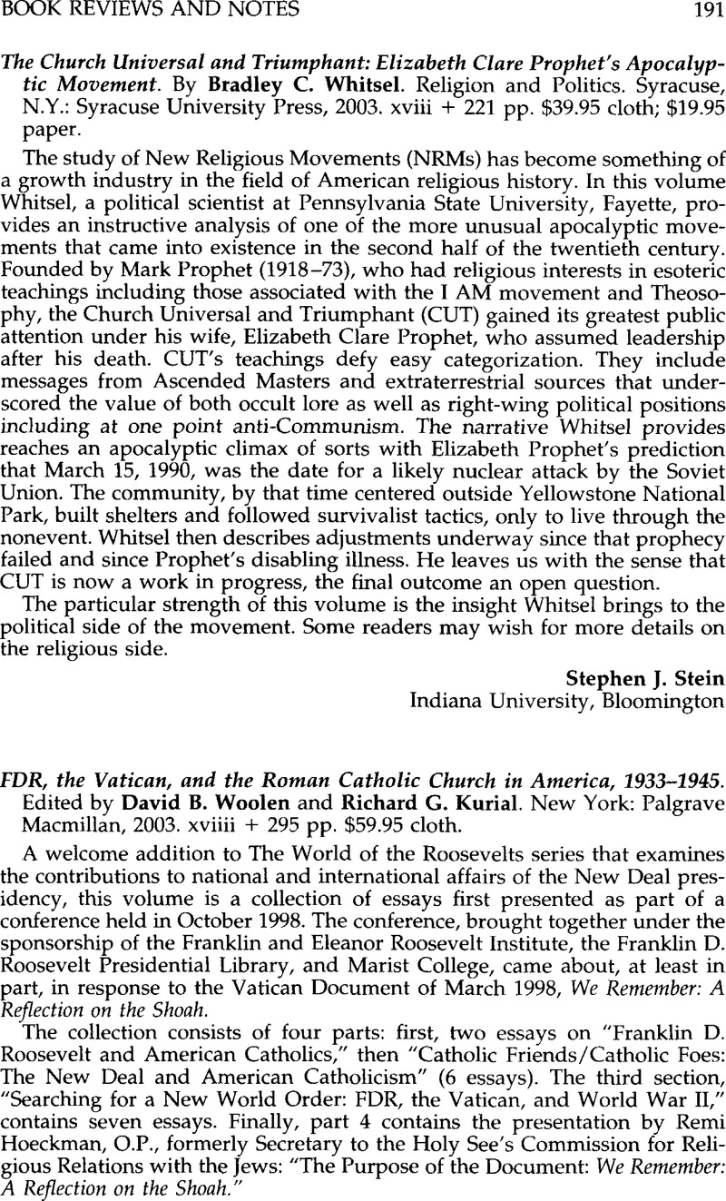 FDR, the Vatican, and the Roman Catholic Church in America, 1933-1945