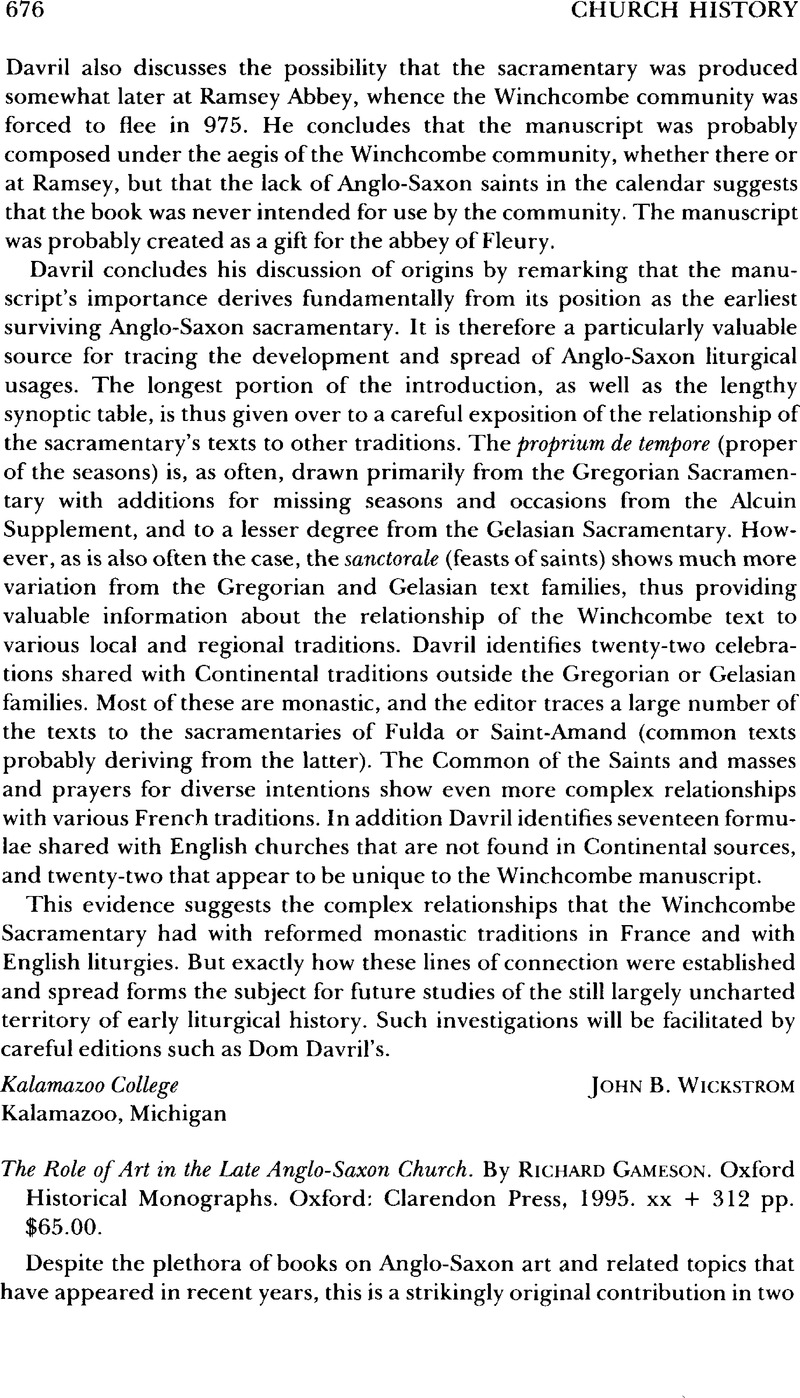 The Role of Art in the Late Anglo-Saxon Church. By Richard Gameson ...