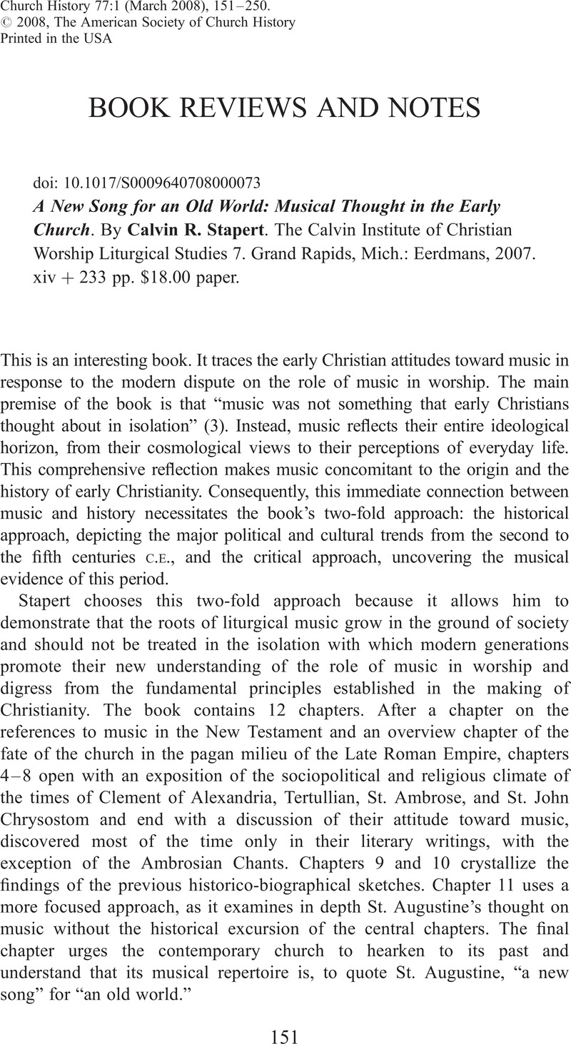 A New Song for an Old World: Musical Thought in the Early Church. By ...