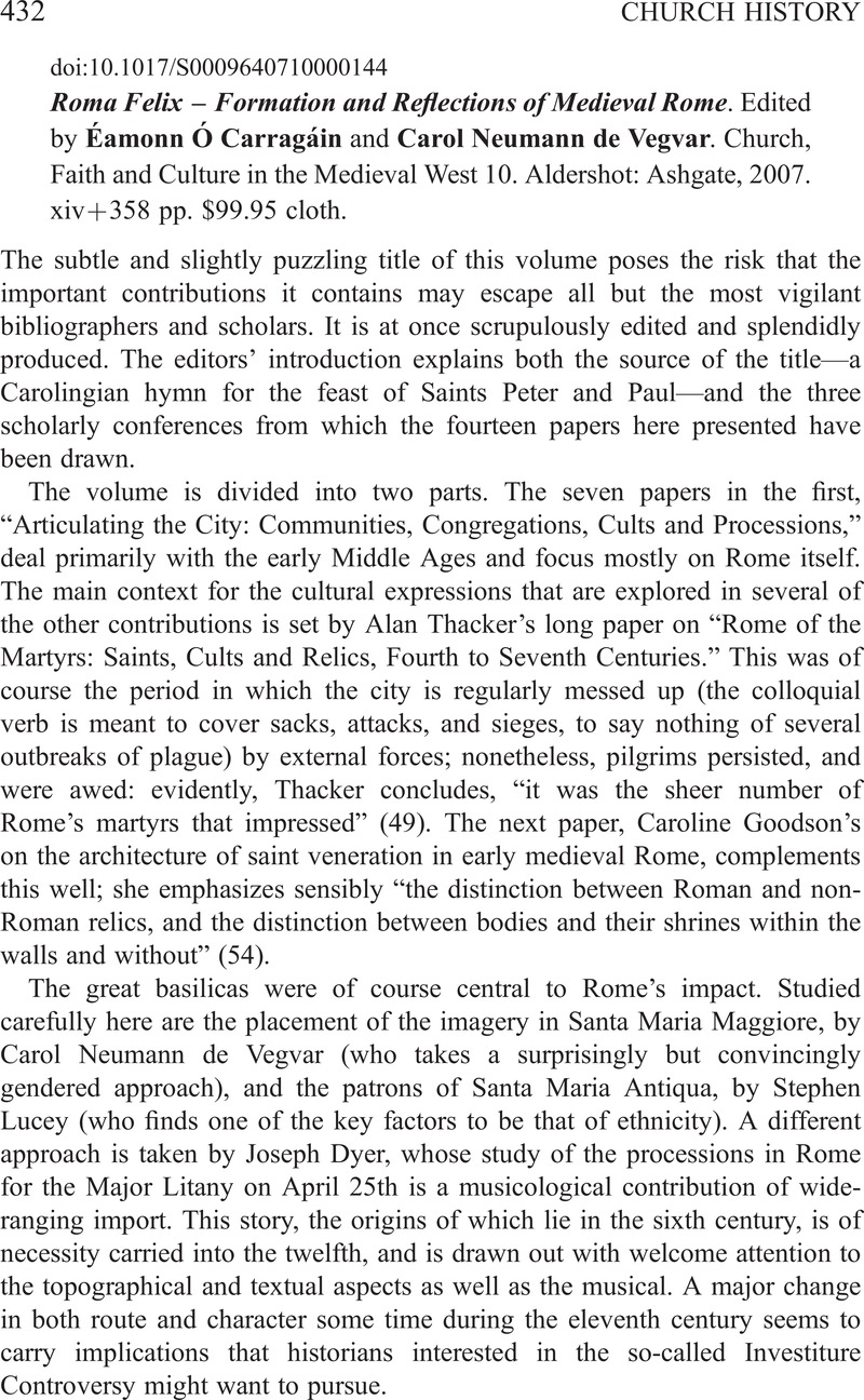Roma Felix Formation and Reflections of Medieval Rome. Edited by
