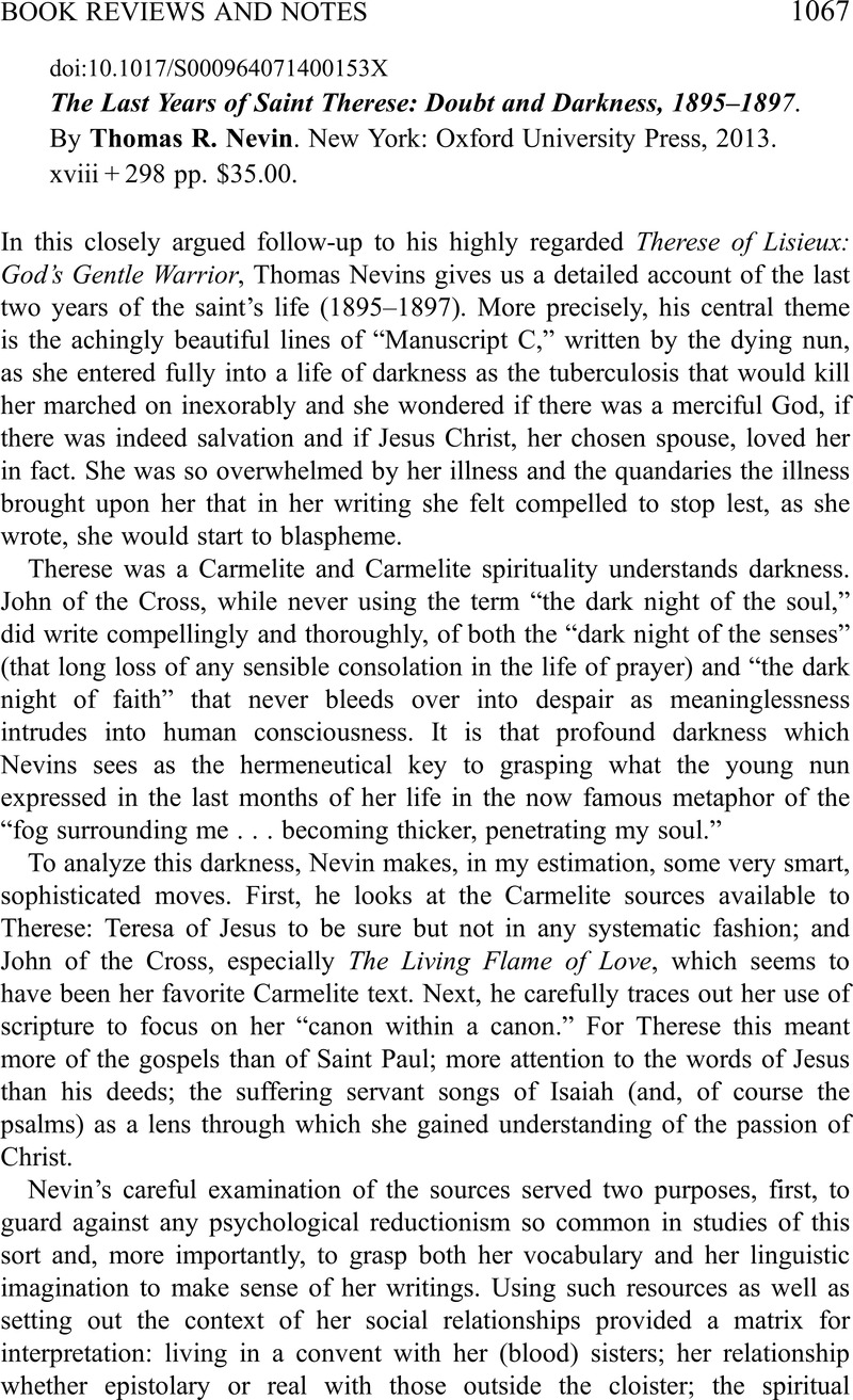 The Last Years of Saint Thérèse: Doubt and Darkness, 1895-1897