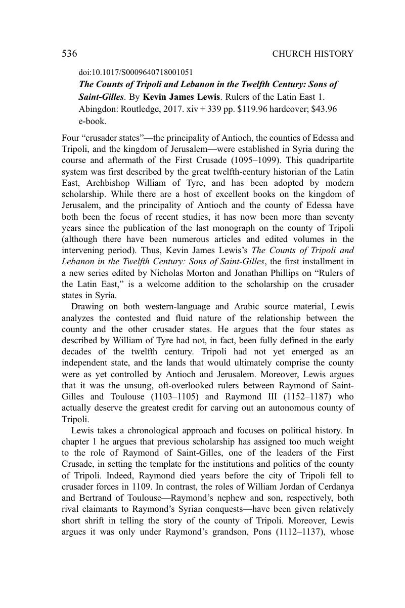 The Counts of Tripoli and Lebanon in the Twelfth Century Sons of Saint