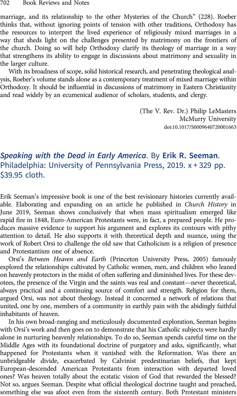 Speaking with the Dead in Early America. By Erik R. Seeman ...