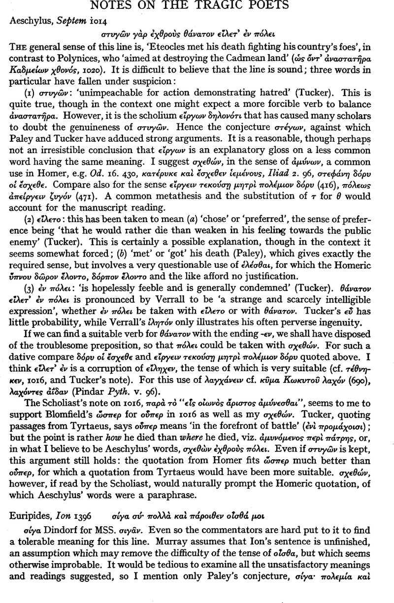 Notes on the Tragic Poets | The Classical Quarterly | Cambridge Core