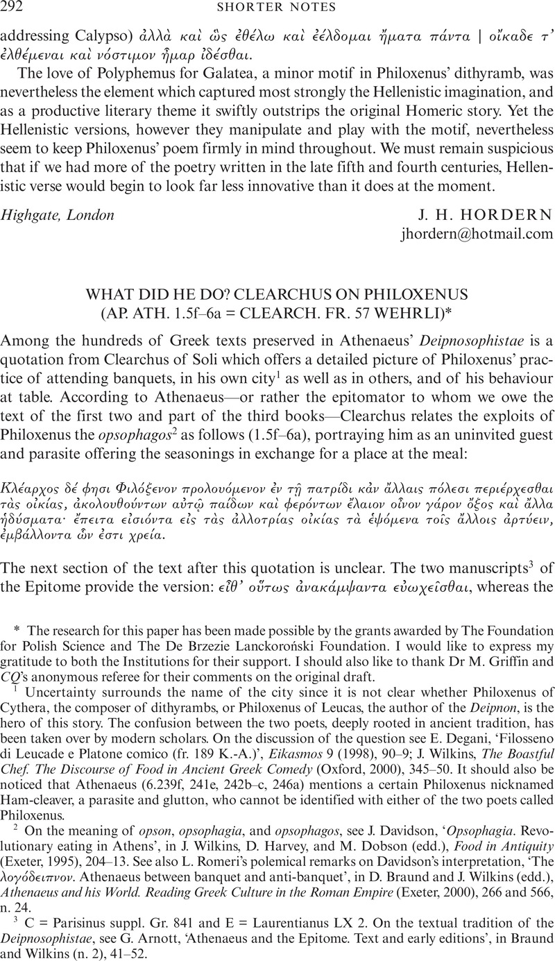 What did he do Clearchus on Philoxenus Ap. Ath. 1.5f 6a