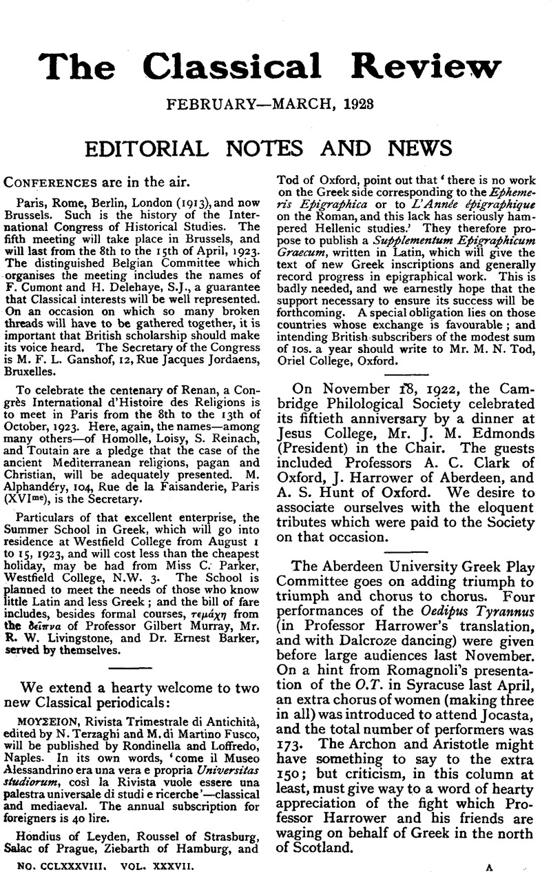 Editorial Notes And News The Classical Review Cambridge Core