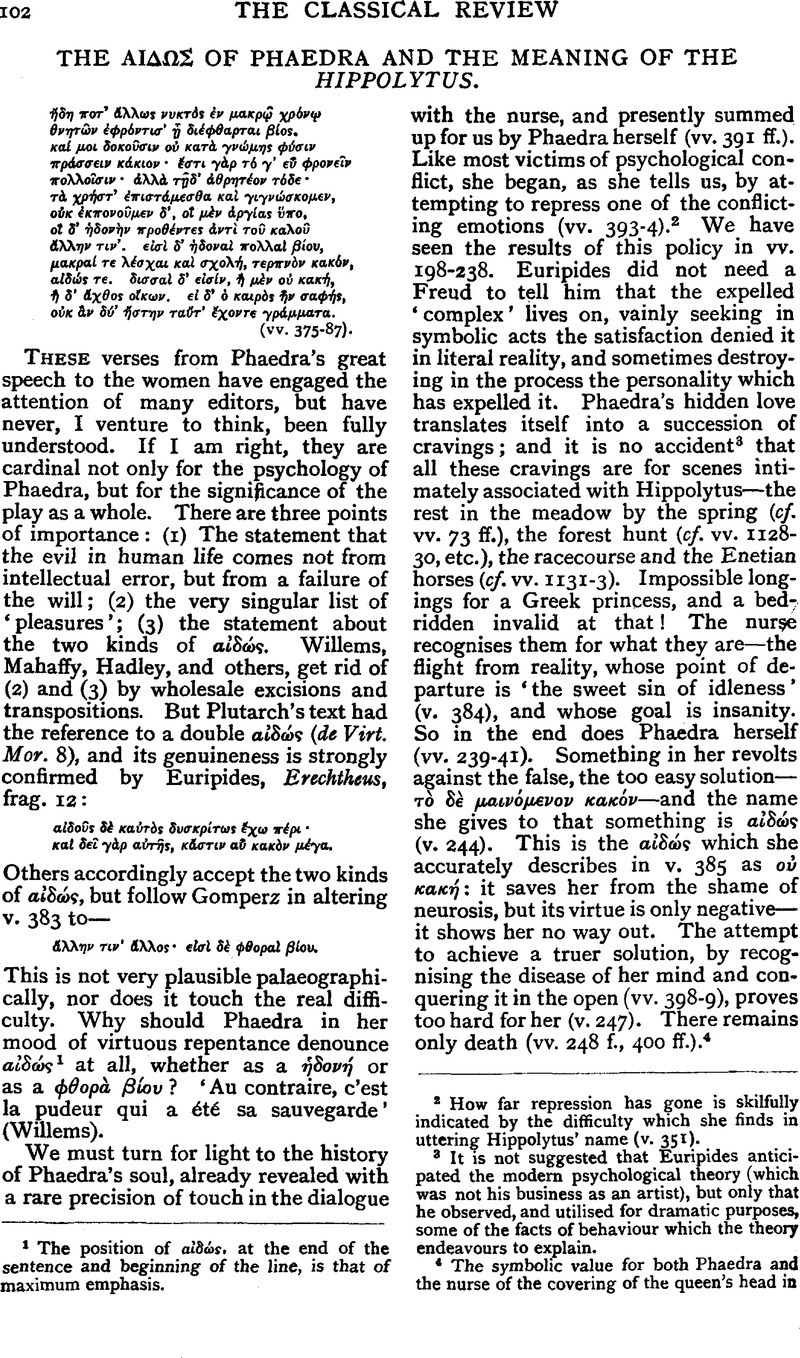 The AiΔΩΣ of Phaedra and the Meaning of the Hippolytus | The Classical ...