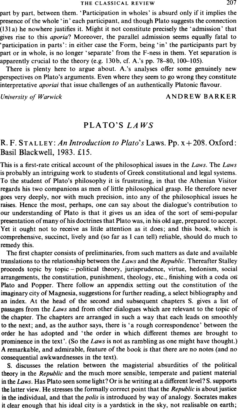 Plato's Laws R. F. Stalley An Introduction to Plato's Laws. Pp. x