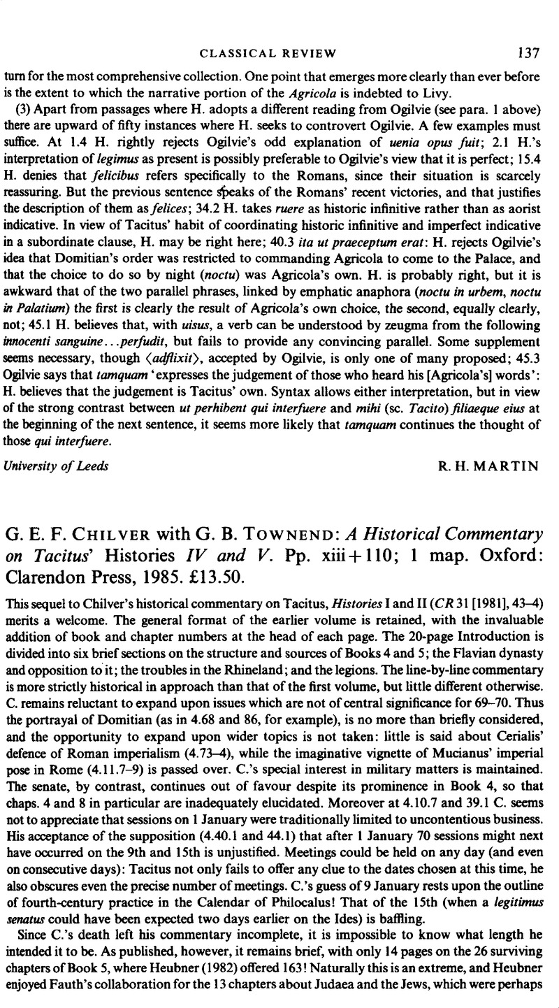 Frances Chilver G. E. F. Chilver with G. B. Townend: A Historical Commentary on Tacitus ...