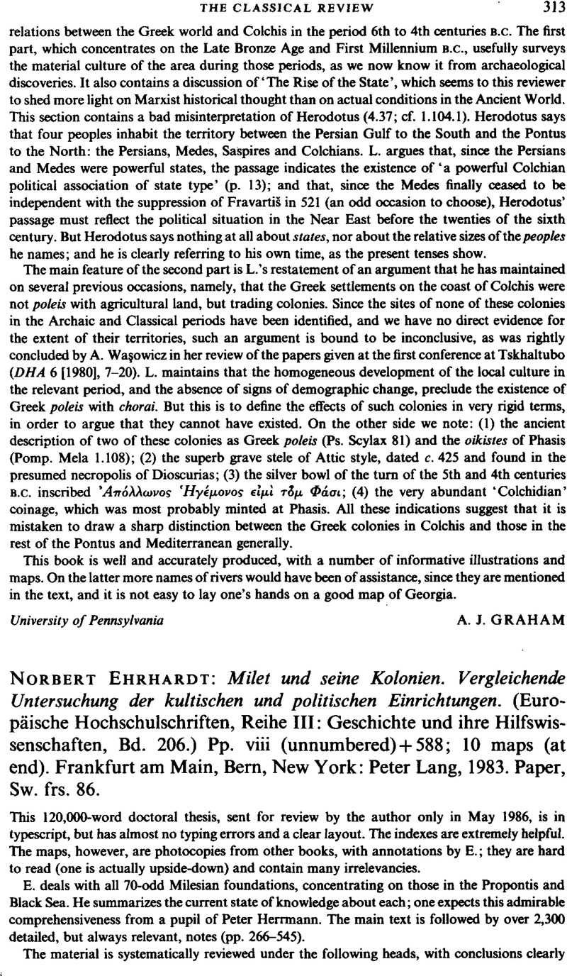 Norbert Ehrhardt: Milet und seine Kolonien. Vergleichende Untersuchung ...